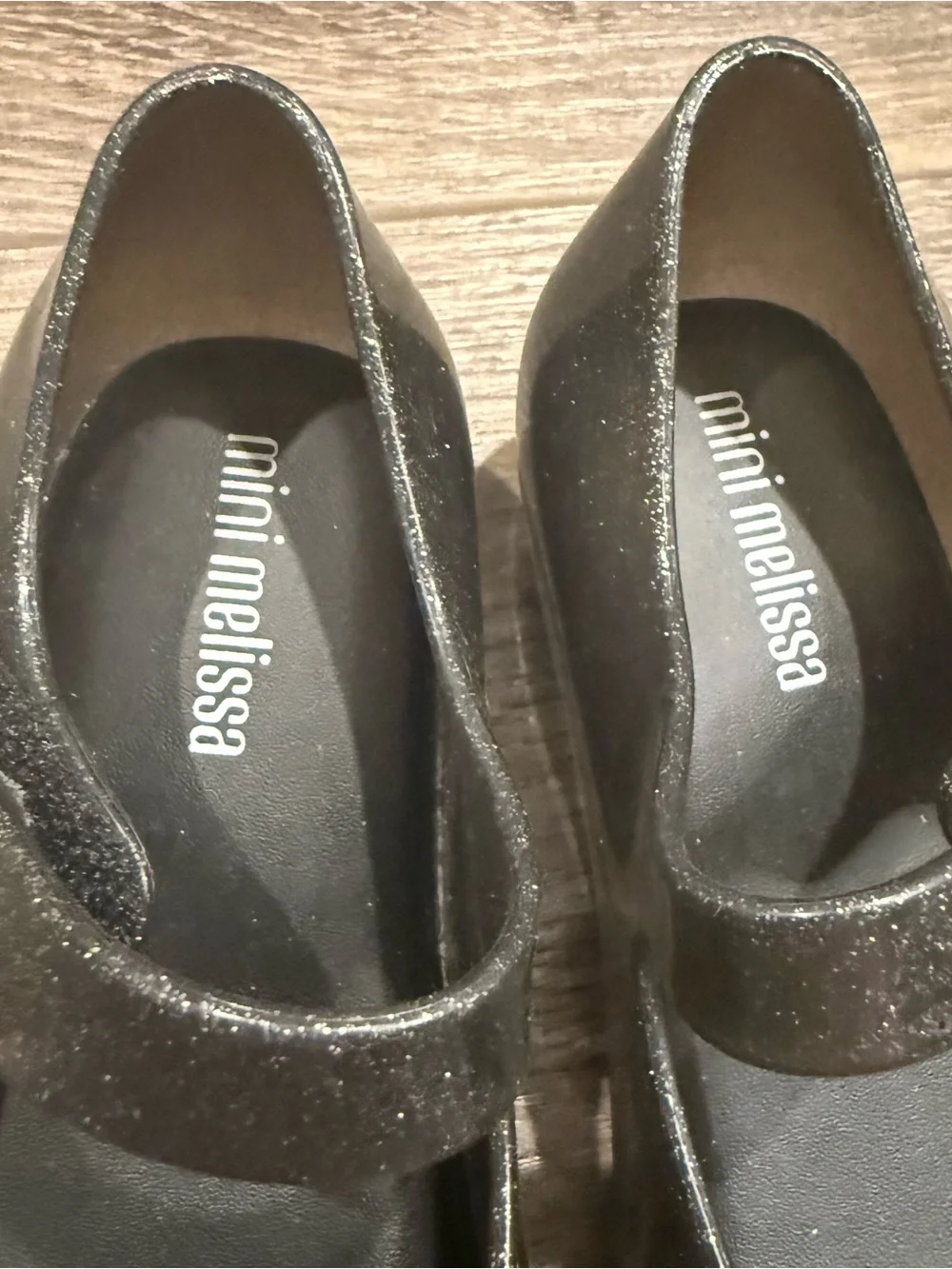 Mini Melissa Girls Black Mary Jane Flats with Silver Flower Accents